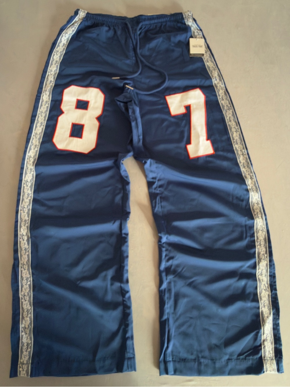 Navy Track Joggers with Lace Side Stripe Y2K Streetwear Sporty Chic
